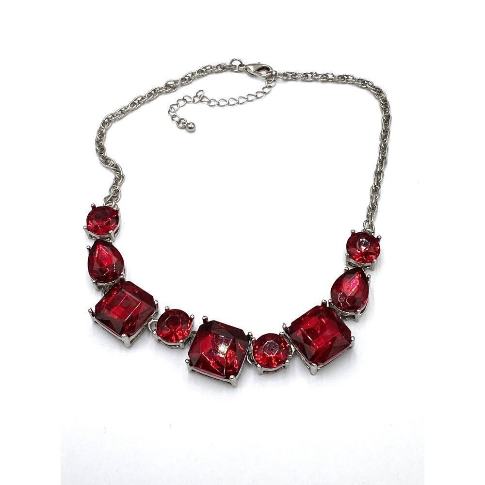 Necklace Red Glass Silver Tone Elegant 16”+3” Size:16”+3”